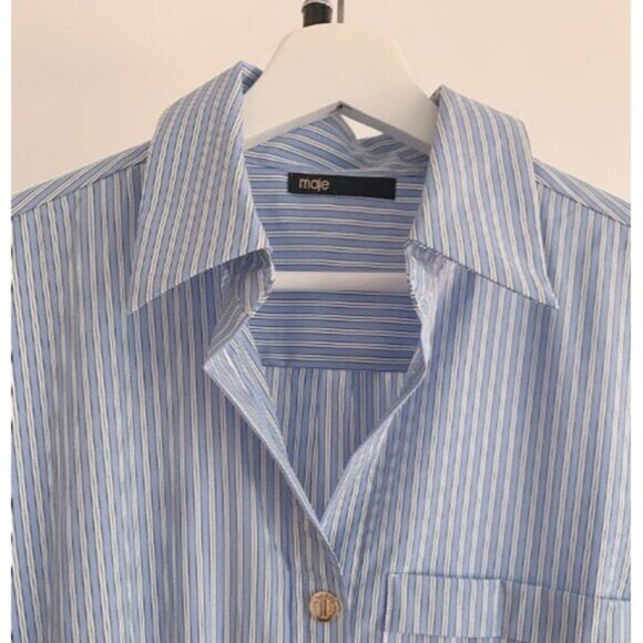 Maje Blue and White Striped Shirt Dress Medium (38) - Picture 4 of 12